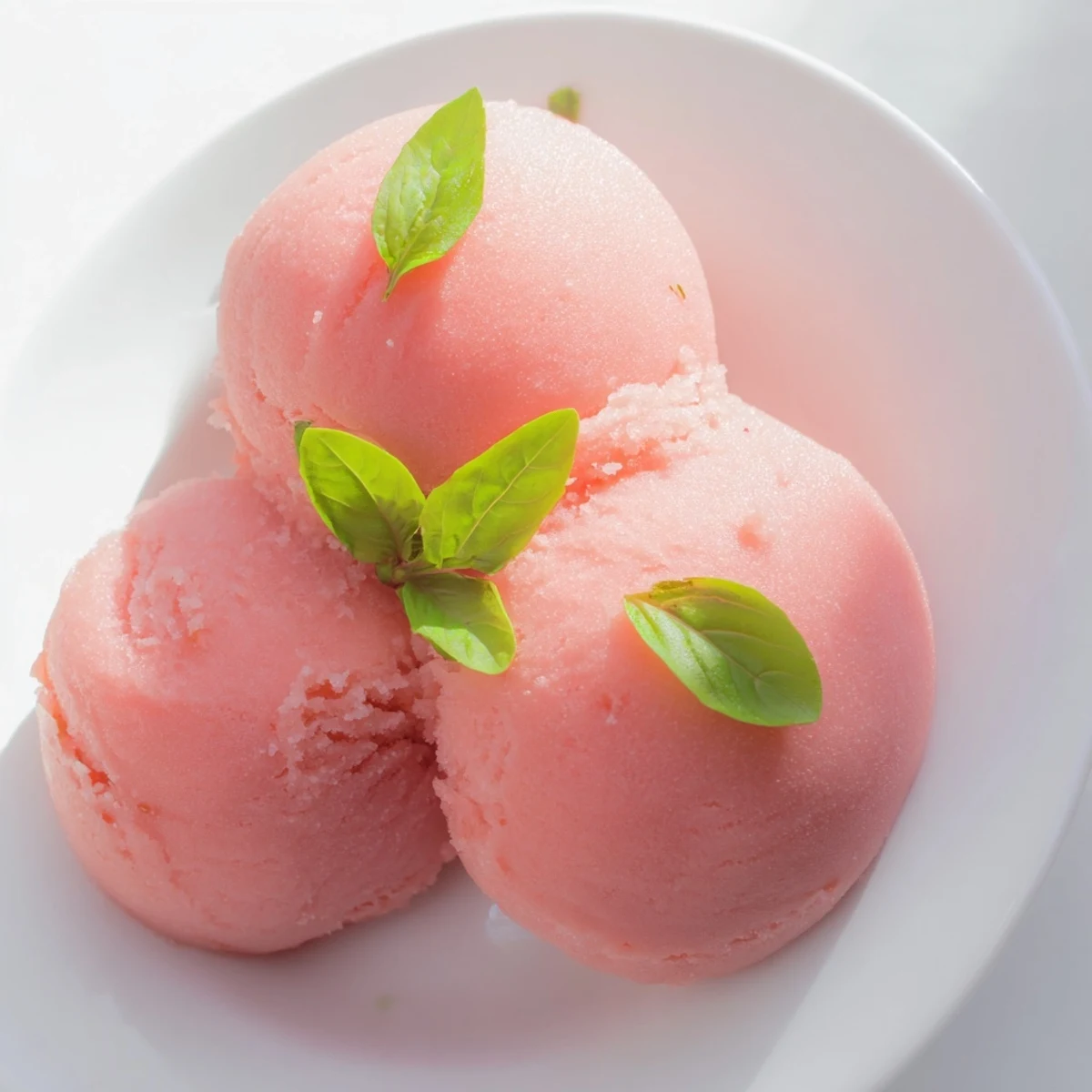 Creamy pink grapefruit sorbet with basil garnish served in a chilled glass on a sunny table.