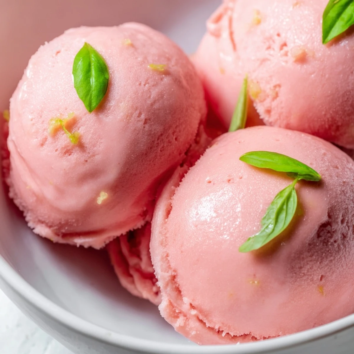 Vibrant pink grapefruit sorbet in a bowl, garnished with basil for a refreshing, tangy dessert.