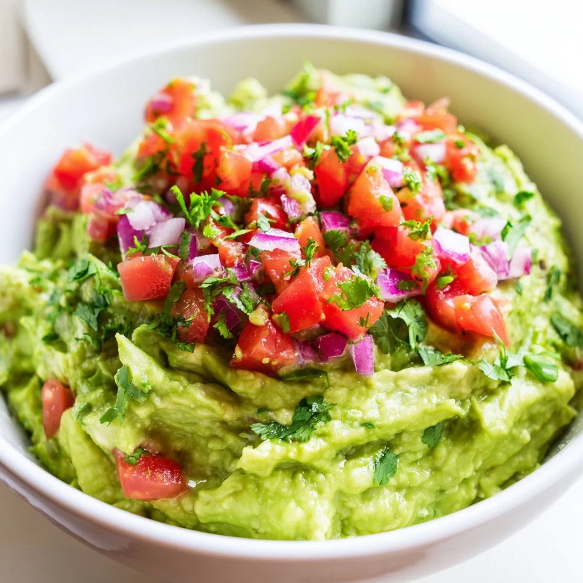 Bright, chunky pico de gallo topping guacamole in a white bowl, surrounded by crispy tortilla chips for dipping.