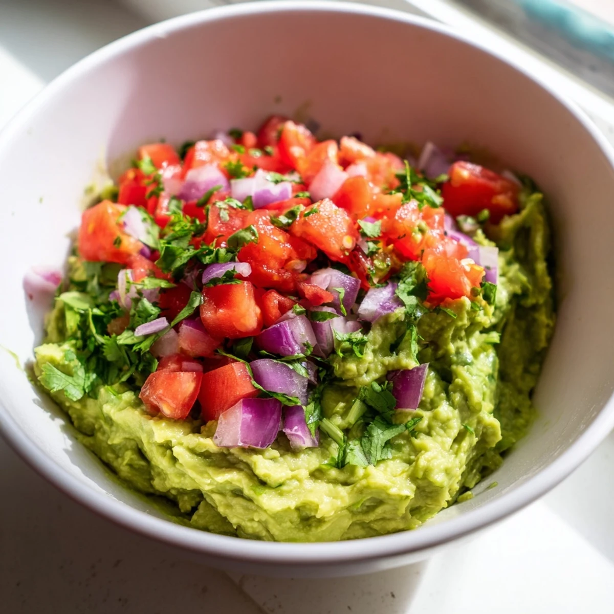 Fresh guacamole with chunky pico de gallo garnished with cilantro, served with colorful vegetable sticks and chips.