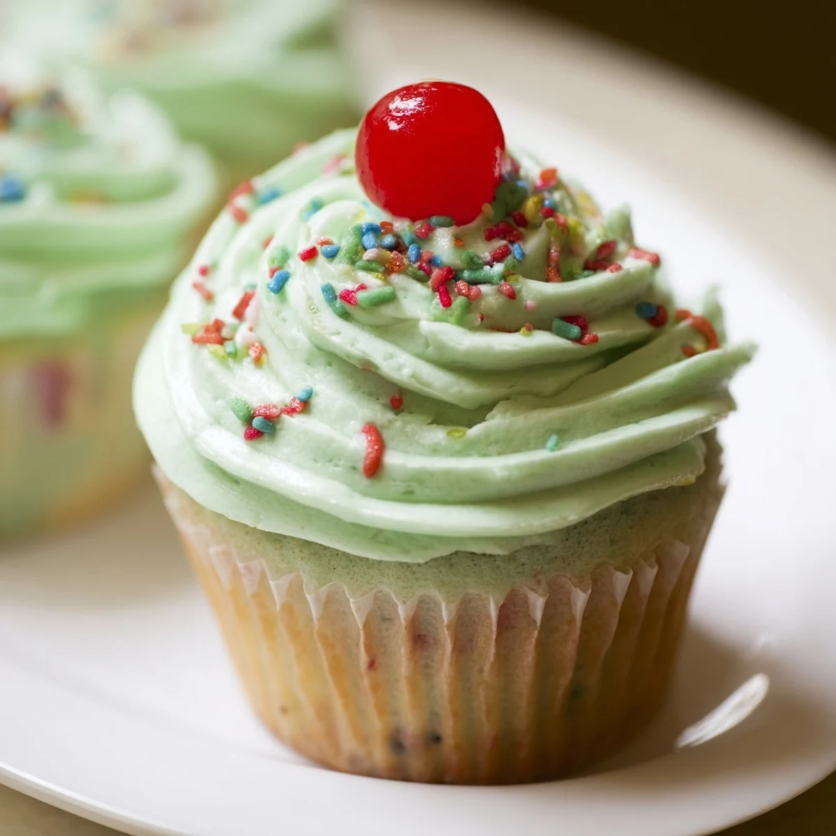 Moist Shamrock Shake Cupcakes sit on a wire rack, their vibrant green crumb topped with fluffy mint frosting and tiny sprinkles.