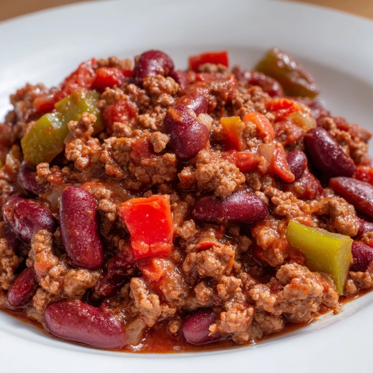 Serving suggestion for beef chili with kidney beans and tomatoes, paired with warm cornbread and shredded cheddar.