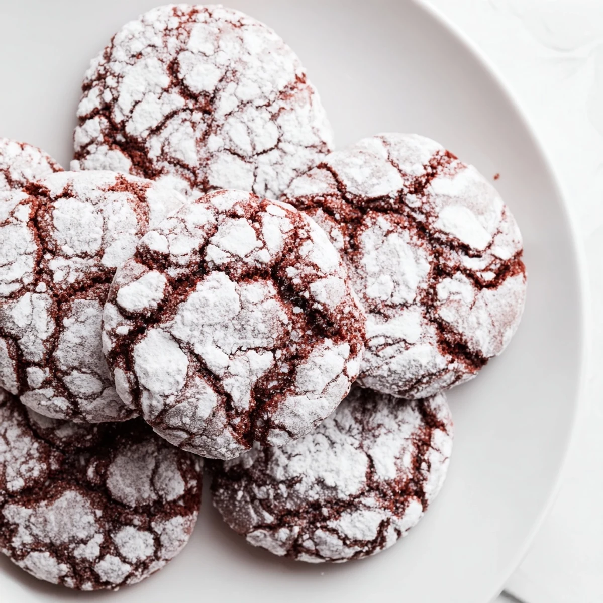 Soft, crinkled Red Velvet Crinkle Cookies dusted with powdered sugar, displayed on a festive plate.