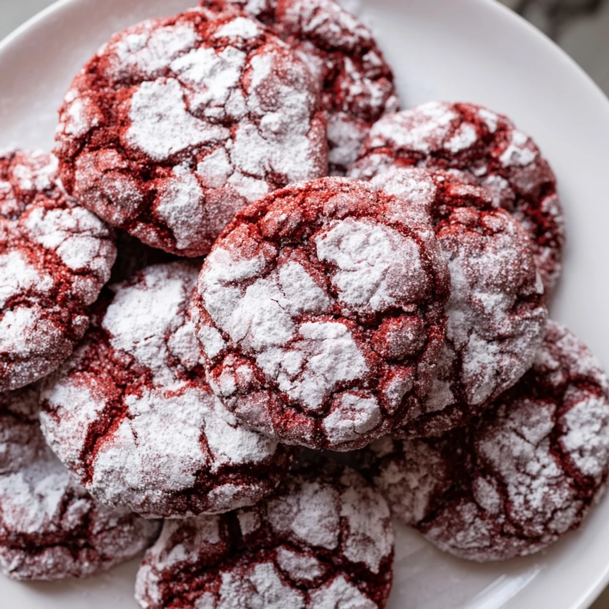 Chewy, vibrant Red Velvet Crinkle Cookies paired with a glass of cold milk for dipping.