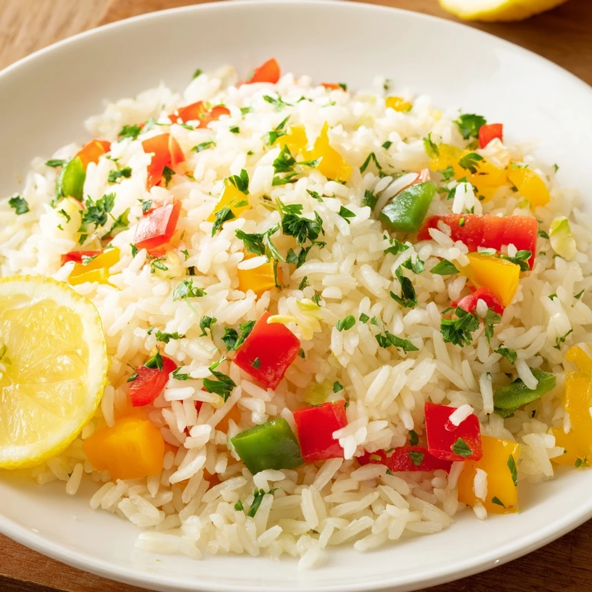 A close-up view of golden Rice Pilaf with Peppers and Onions, garnished with fresh parsley and served with lemon wedges on the side.