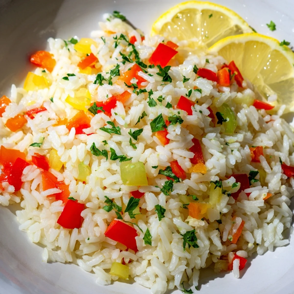 Brightly colored Rice Pilaf with Peppers and Onions steams gently, revealing fluffy grains and tender sautéed vegetables in a savory broth.