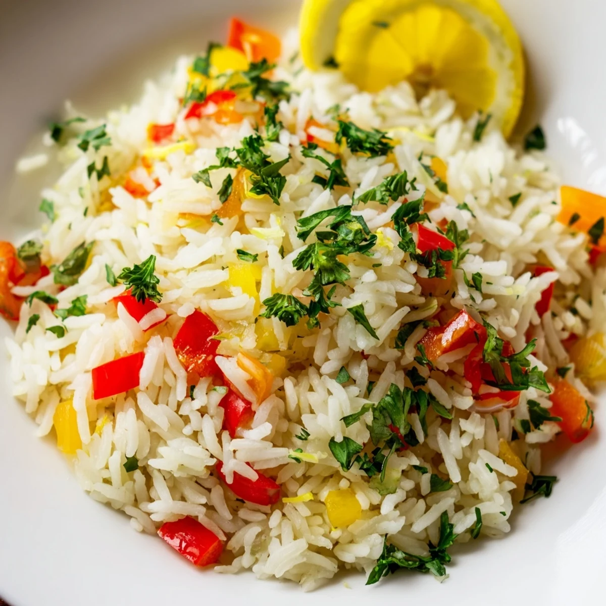 Vibrant red and green peppers mingle with diced onions in this aromatic Rice Pilaf, perfect as a vegetarian side dish or light entrée.