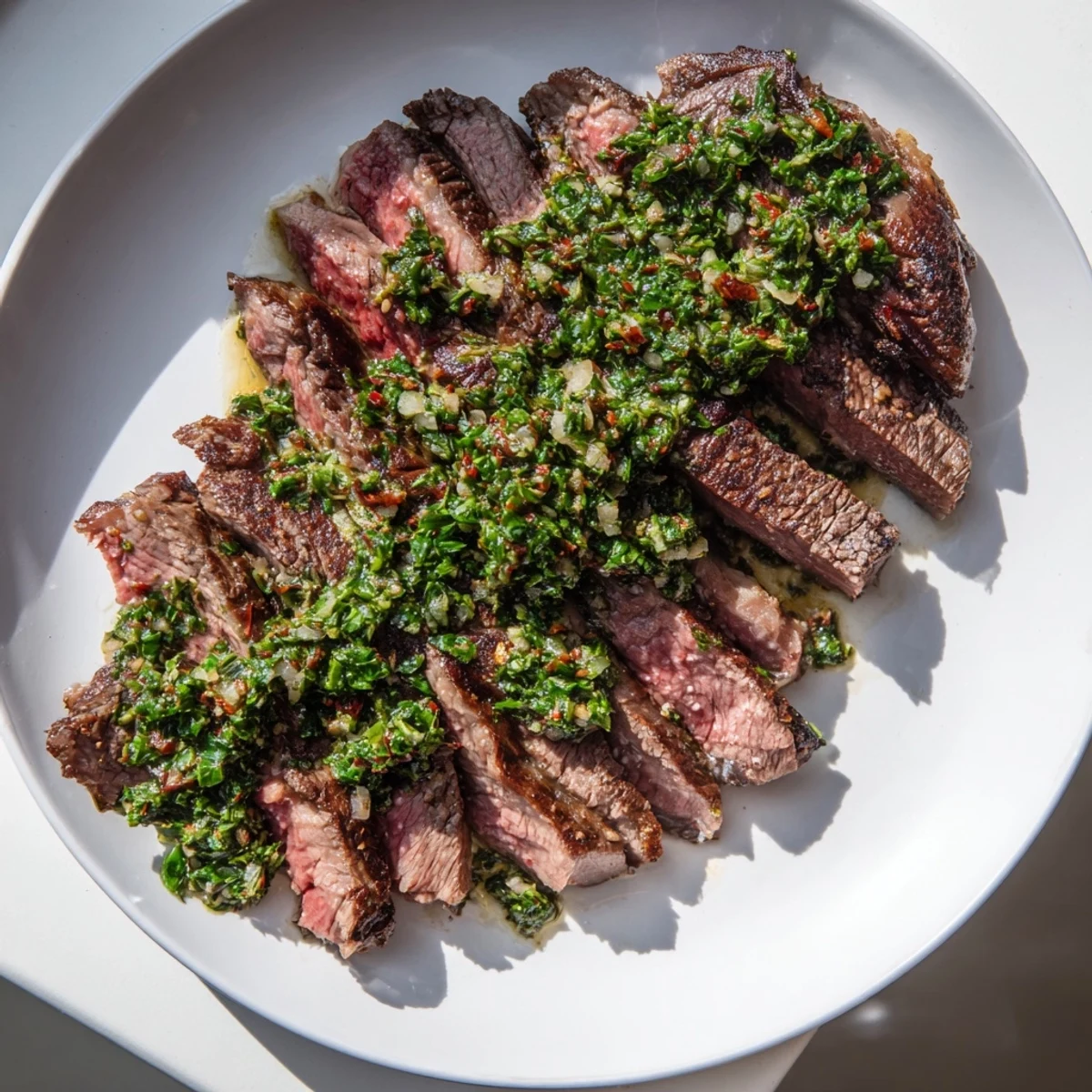 Sliced ribeye steak topped with vibrant green chimichurri sauce, served on a rustic white plate with fresh parsley garnish.  