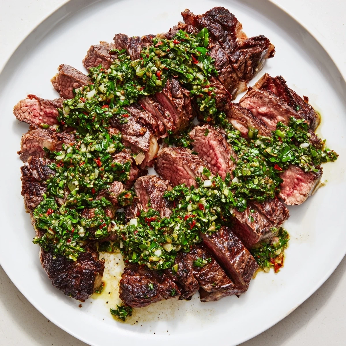 Perfectly seared steak with chimichurri sauce, ready to serve alongside roasted potatoes and a crisp green salad.  