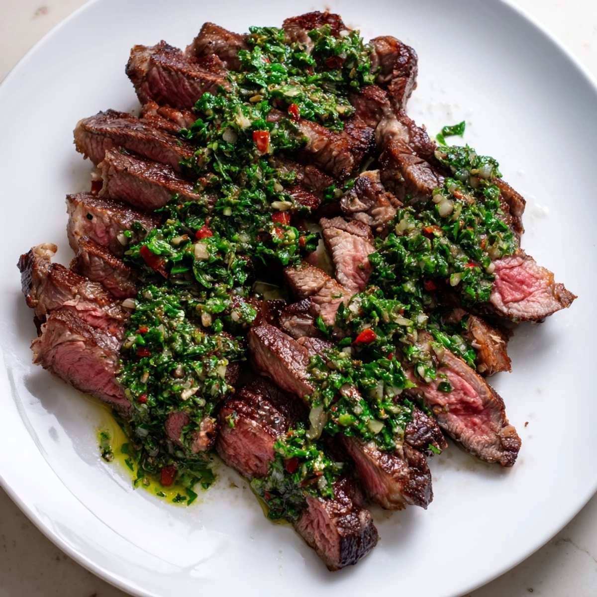 A juicy pan-seared steak finished with homemade chimichurri sauce, resting on a cutting board before slicing against the grain.
