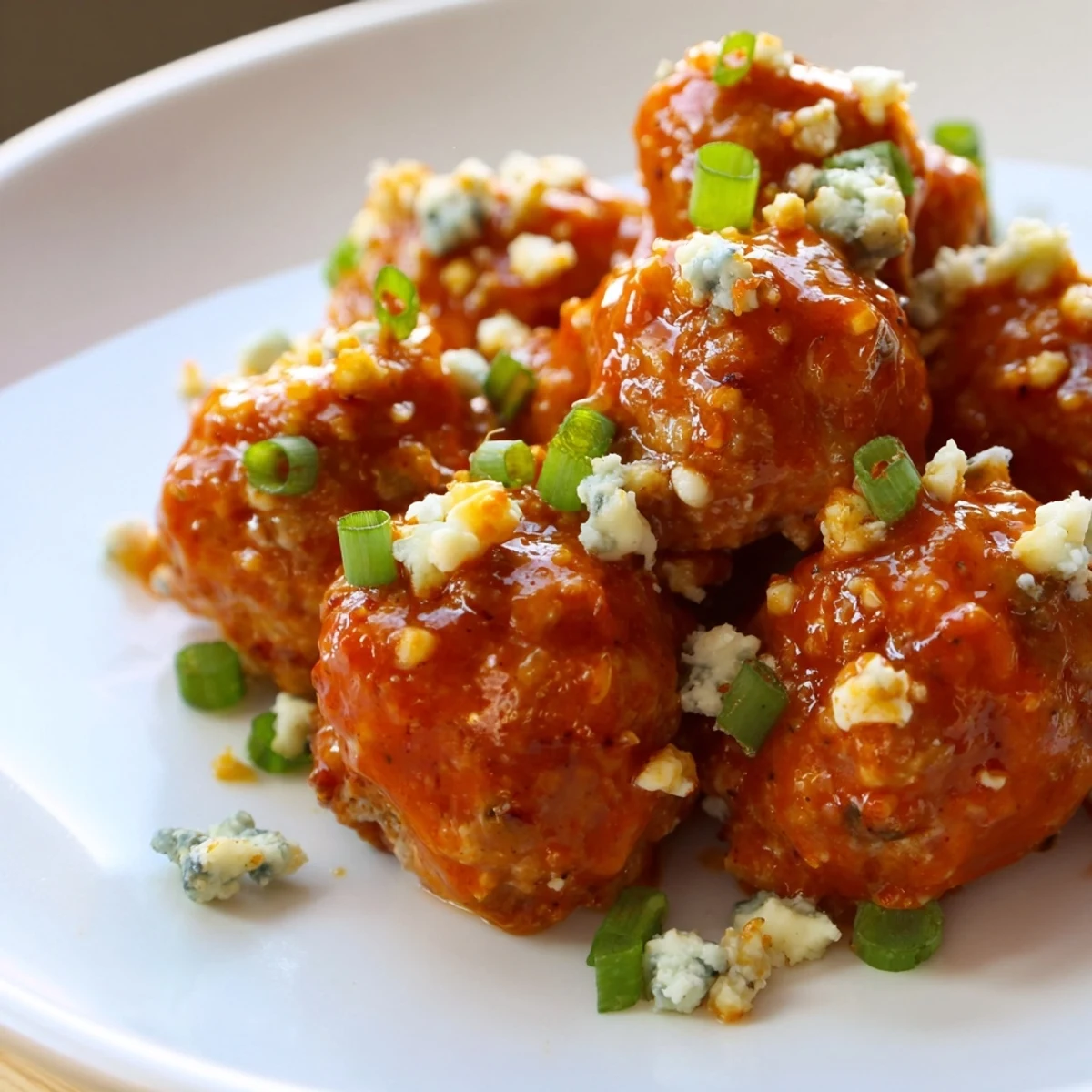 Golden-brown baked chicken meatballs glistening with bright orange buffalo sauce and topped with creamy blue cheese crumbles, served with fresh celery sticks.