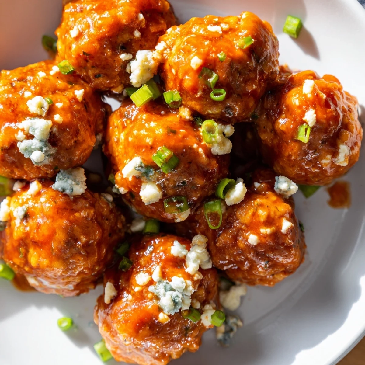 Freshly baked Buffalo Chicken Meatballs coated in tangy sauce, featuring a golden texture and melted blue cheese, ready to serve as a party appetizer.