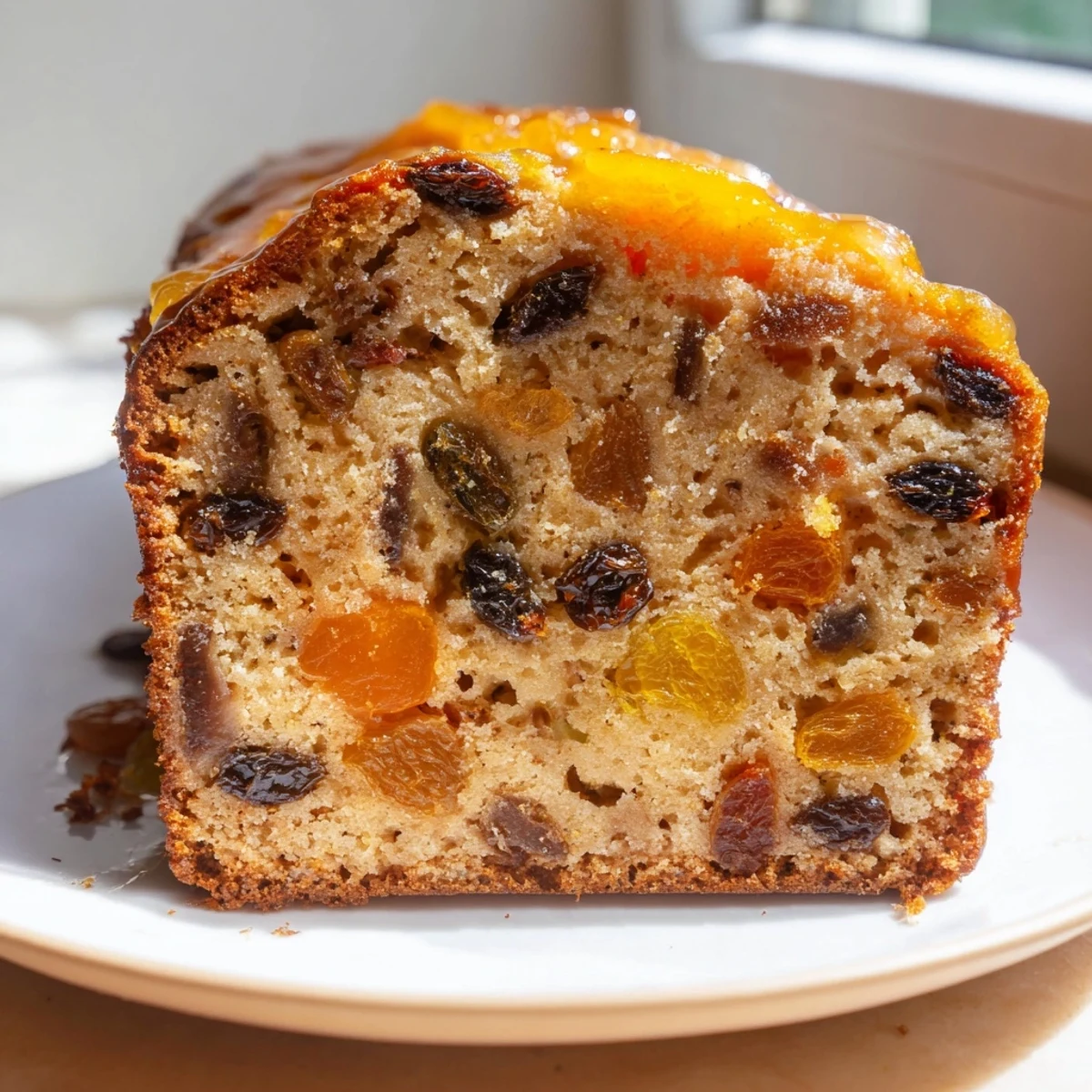 Freshly baked Irish Tea Cake with dried fruit and spices, sliced to show the moist, tender crumb studded with apricots and raisins.