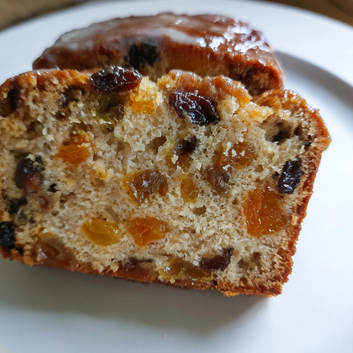 Warm Irish Tea Cake with dried fruit and spices, glazed with orange marmalade, ready to be sliced and enjoyed with a cup of black tea.
