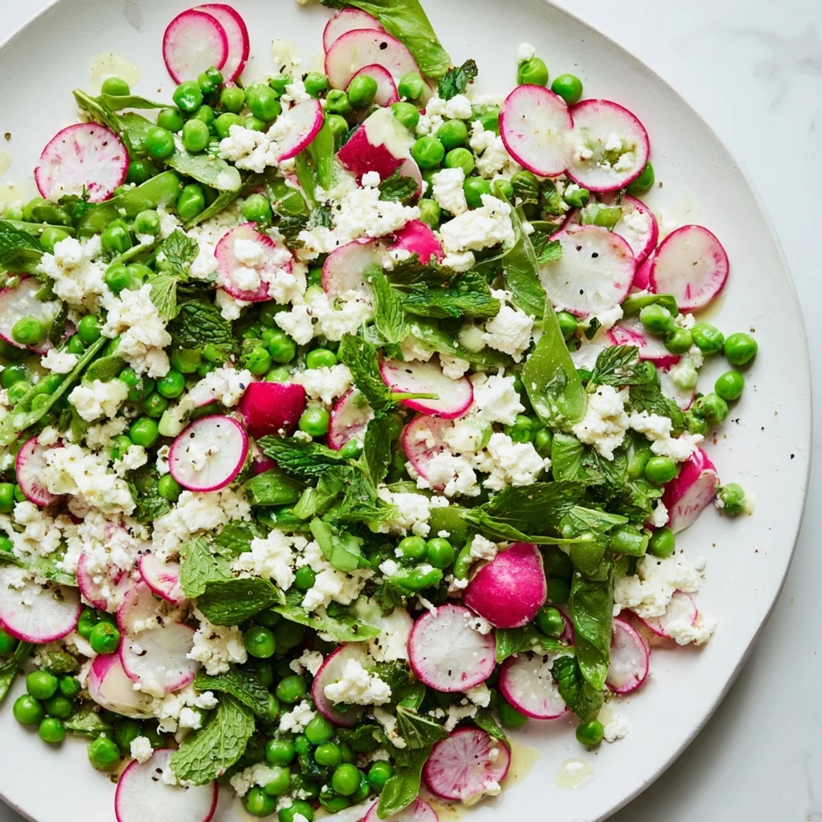 Fresh spring pea salad with crisp radish slices and creamy feta on a bed of bright greens, served as a light lunch.  