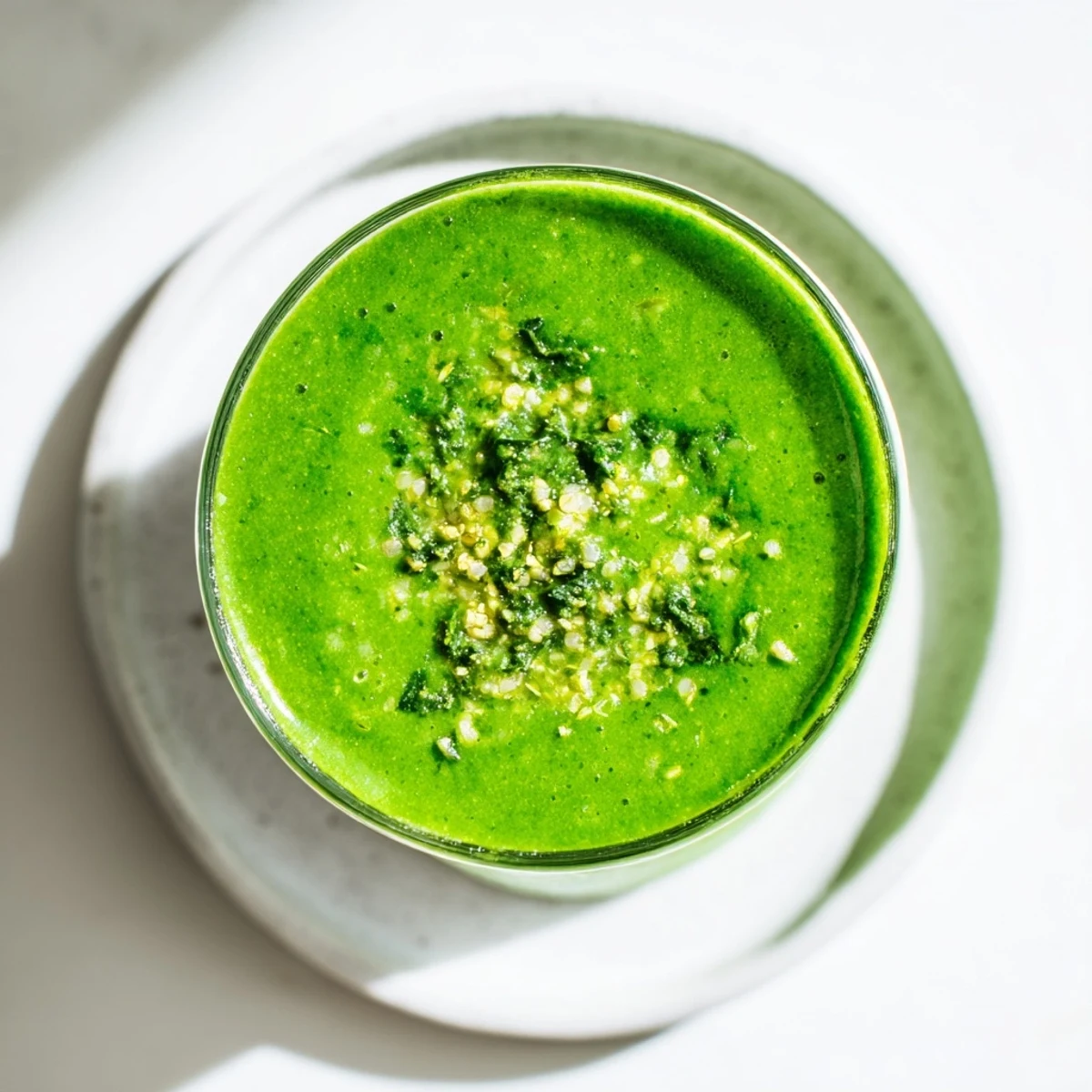 A tall glass of vibrant Green Detox Smoothie with Ginger, garnished with a lemon slice, on a bright kitchen counter.  