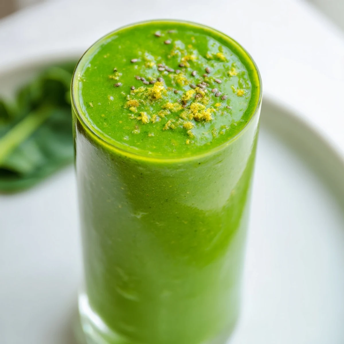 Close-up of a blender blending the Green Detox Smoothie with Ginger, showing swirling spinach, banana, and ice.  