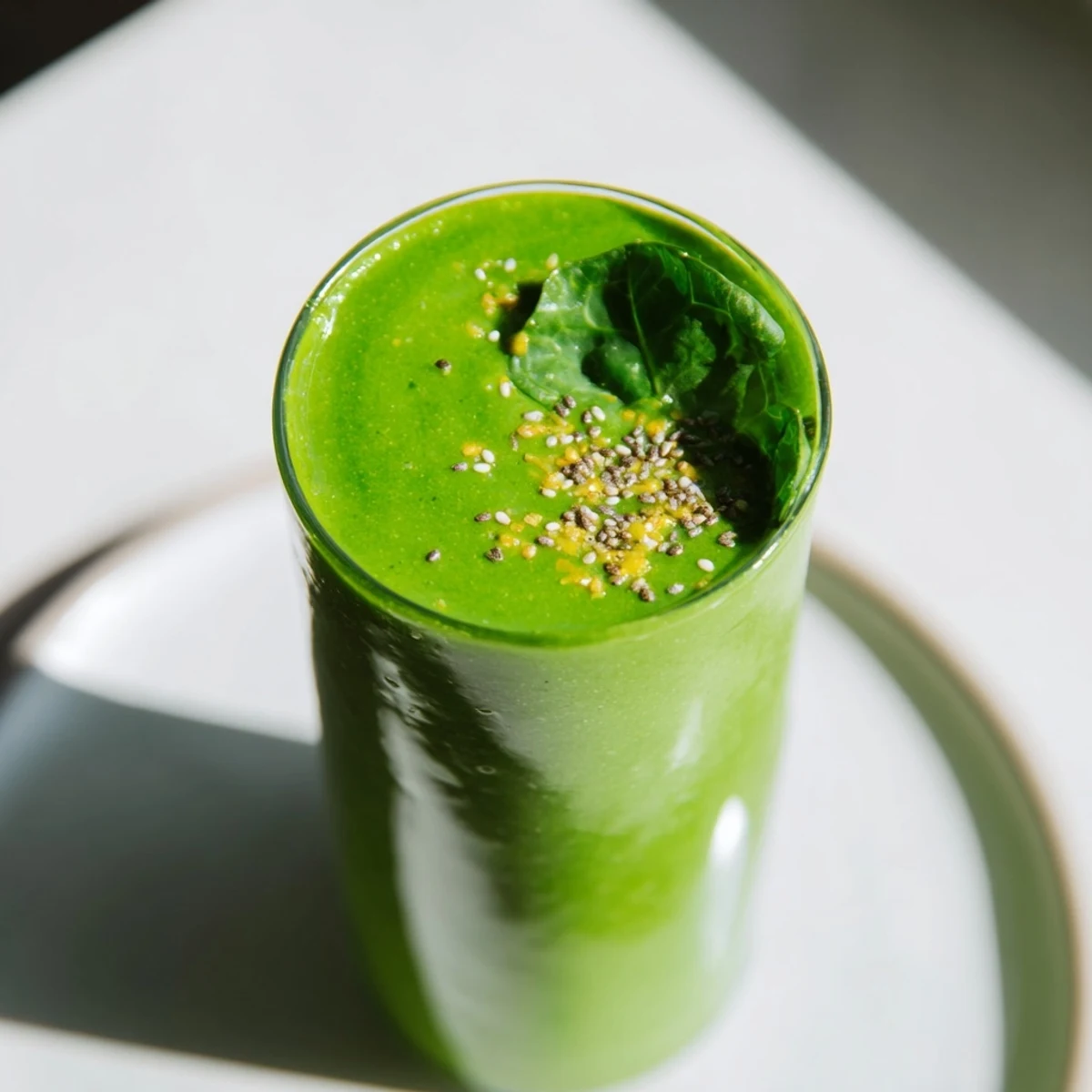 Two chilled glasses of Green Detox Smoothie with Ginger paired with avocado toast on a rustic wood table.