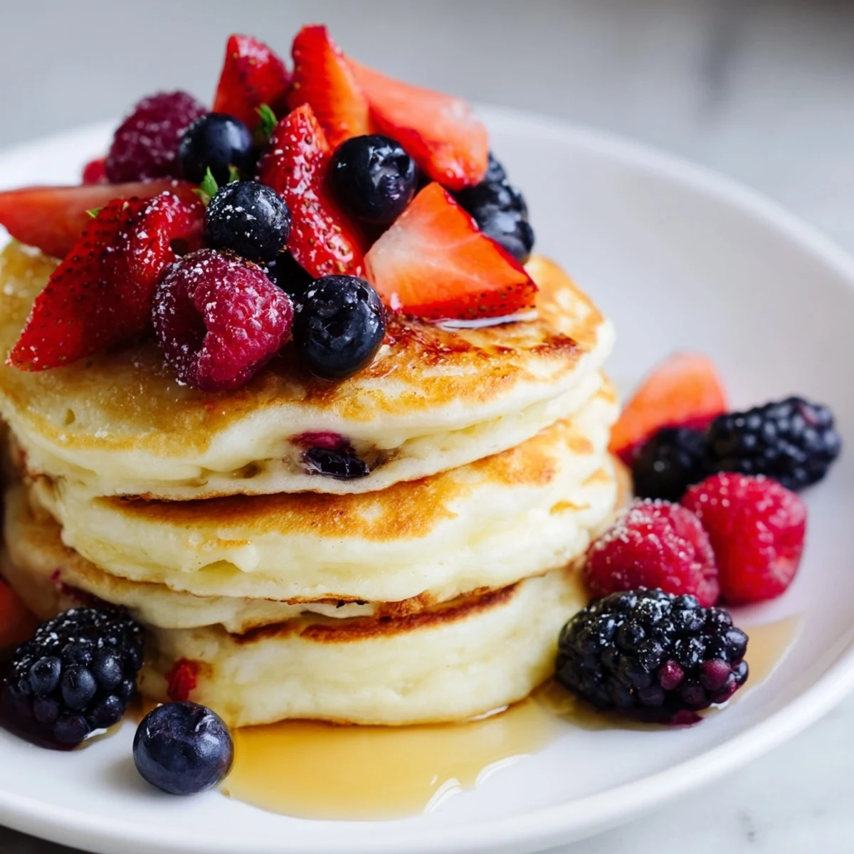 A close-up of airy Lemon Ricotta Pancakes with Berries, drenched in maple syrup and vibrant strawberries, blueberries, and raspberries.
