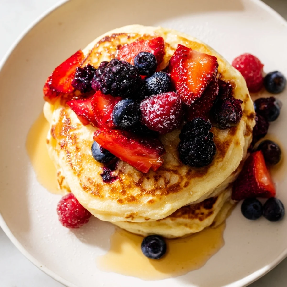 Golden, fluffy Lemon Ricotta Pancakes with Berries stacked high, dusted with powdered sugar and topped with fresh mixed berries.