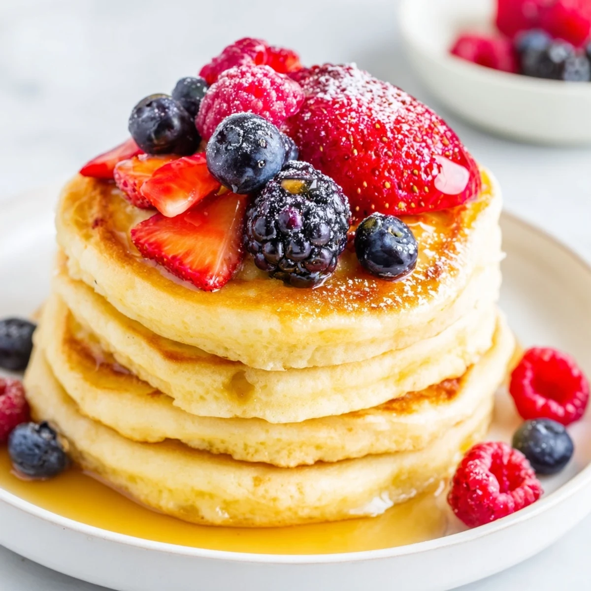 Fluffy Lemon Ricotta Pancakes with Berries on a white plate, crowned with a colorful medley of juicy berries and lemon zest.
