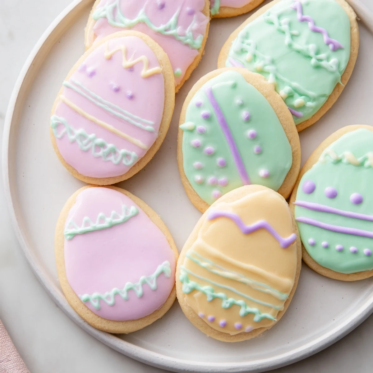 Freshly baked Easter Egg Sugar Cookies on a pastel tablecloth, decorated with vibrant icing and ready for spring celebrations.  