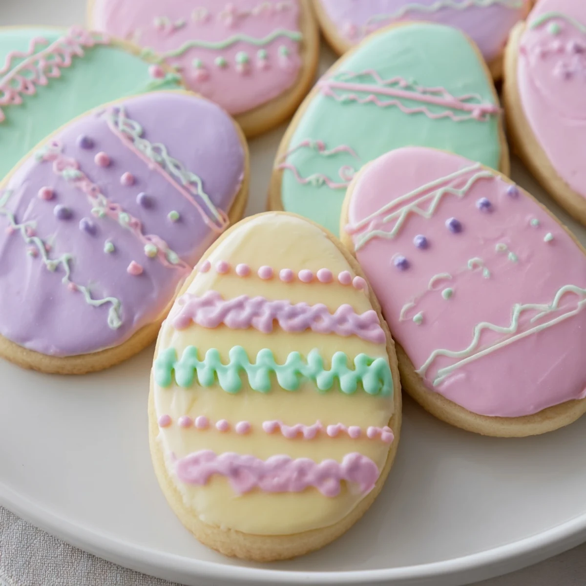 Close-up of Easter Egg Sugar Cookies, showing buttery texture and festive egg-shaped icing patterns perfect for family baking.  