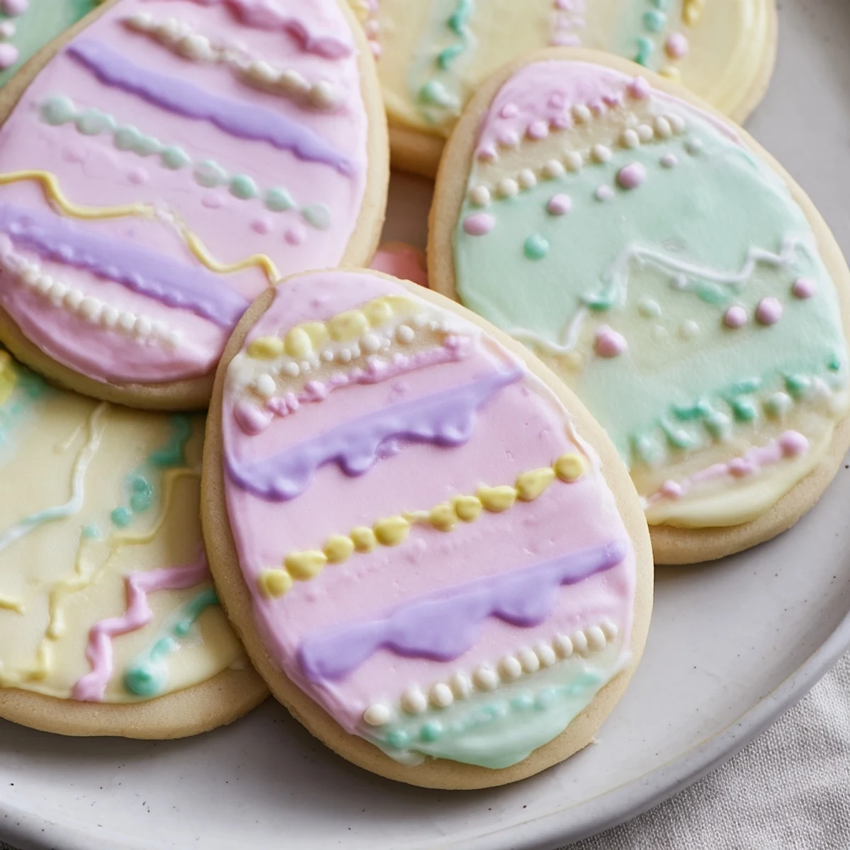 Easter Egg Sugar Cookies arranged on a serving platter, ideal for sharing at spring gatherings or with tea.