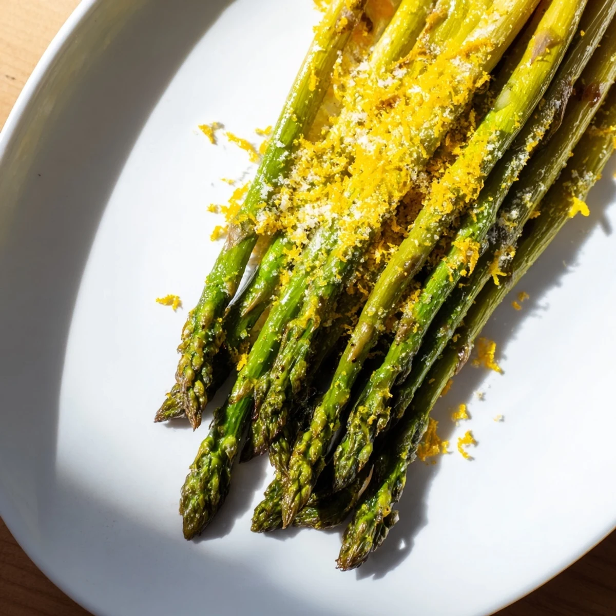 Seasoned roasted asparagus with melted Parmesan and fresh lemon zest ready to serve.
