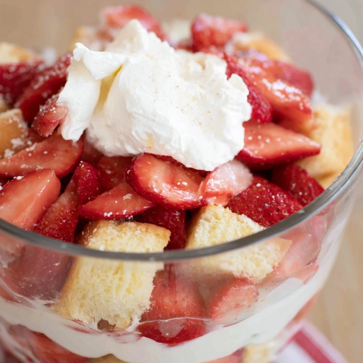 In a clear glass trifle bowl, layers of fluffy cake cubes, macerated strawberries, and soft whipped cream are stacked.  