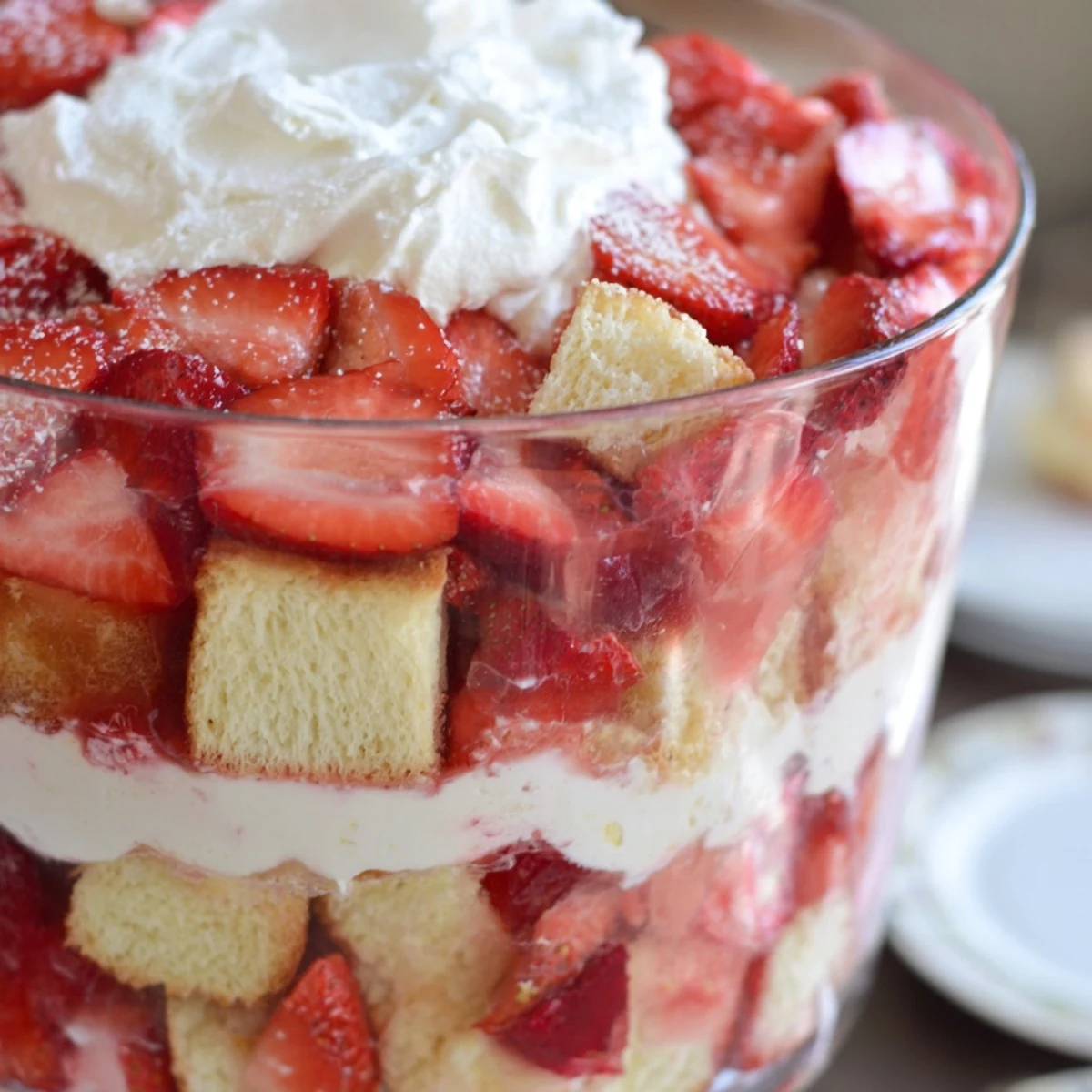A close-up of the Strawberry Shortcake Trifle reveals juicy strawberry slices nestled against velvety whipped cream.