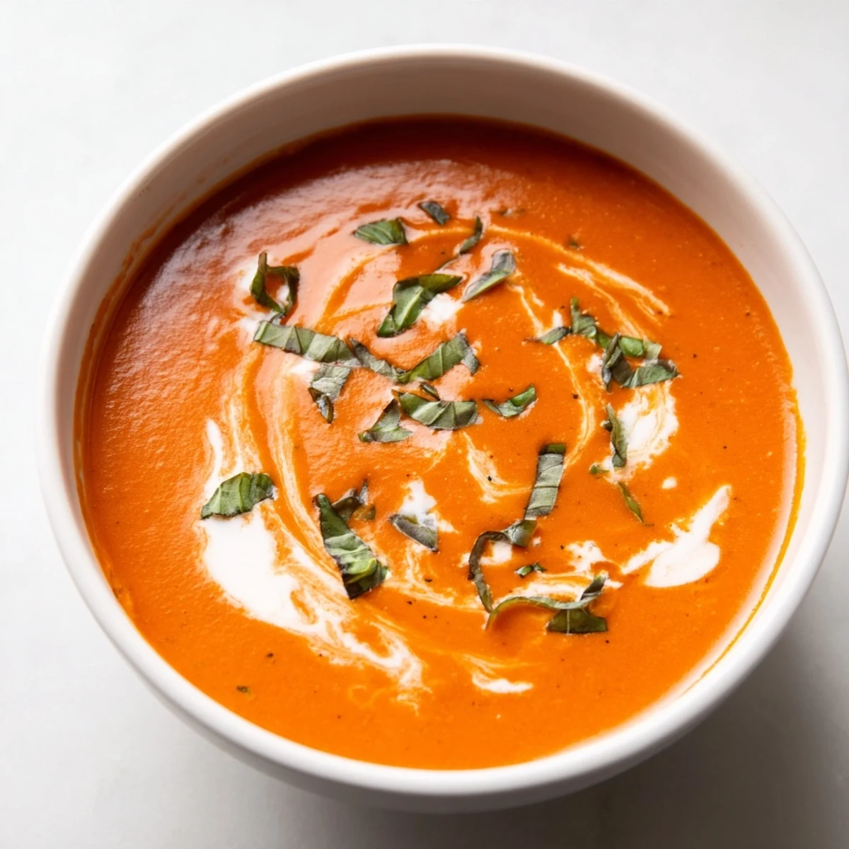 Creamy Tomato Basil Bisque steams in a rustic bowl, topped with fresh basil leaves, beside a grilled cheese sandwich.  