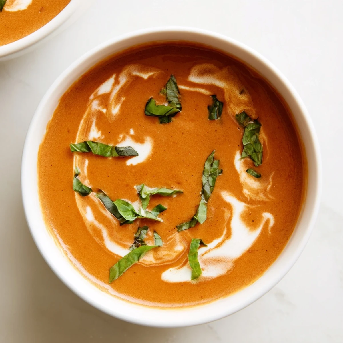 A close-up of Creamy Tomato Basil Bisque highlights its velvety texture and vibrant red hue from ripe tomatoes.  