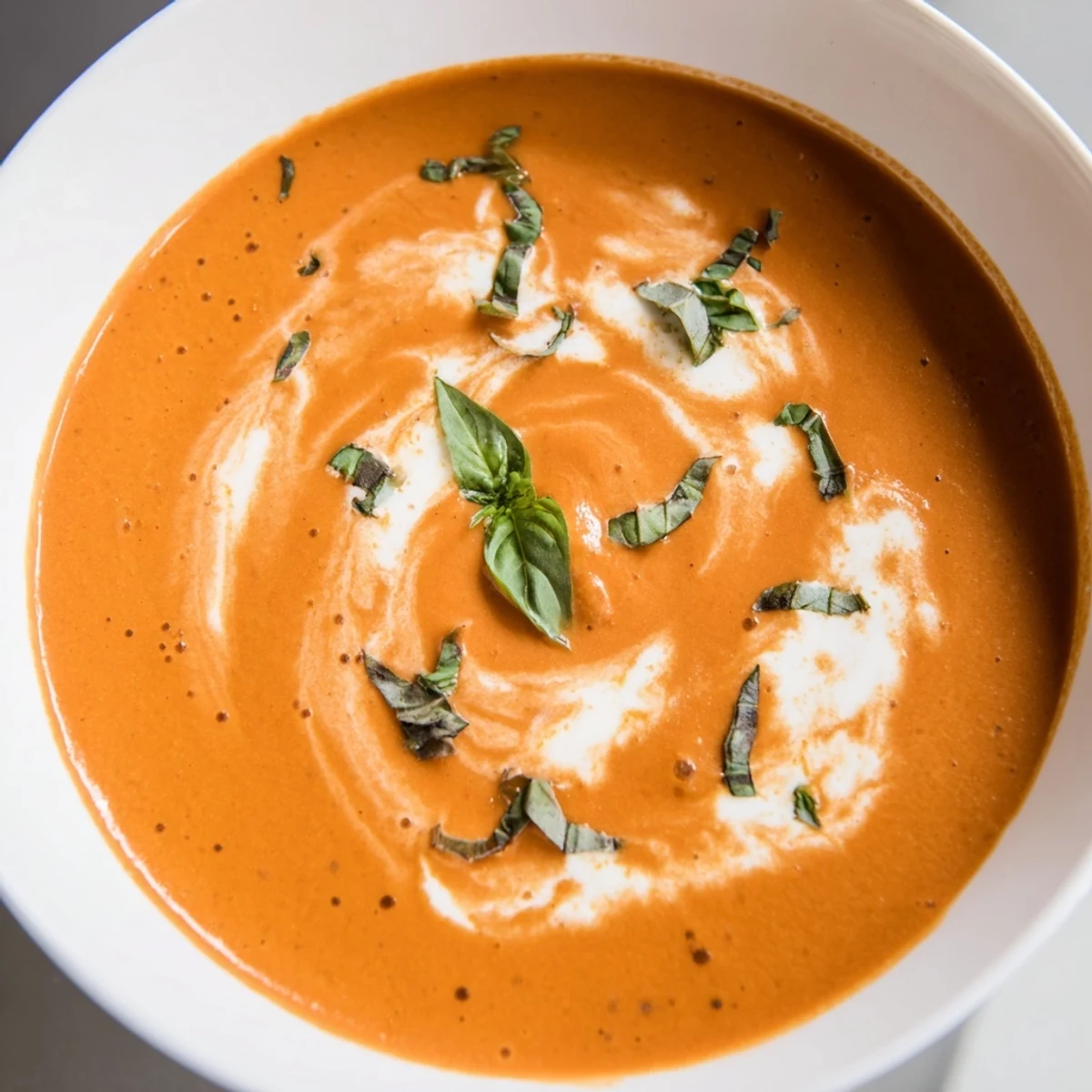 Rich Creamy Tomato Basil Bisque is served hot in a white bowl, garnished with fresh basil and a swirl of cream.