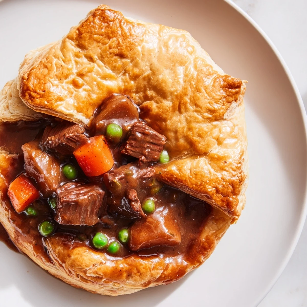 A slice of Beef Pot Pie reveals steamy, rich gravy with vegetables and beef under crisp puff pastry, plated for dinner.