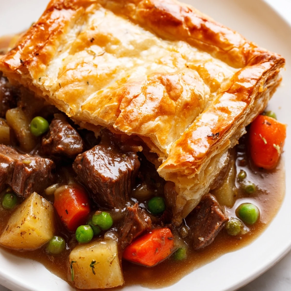 Flaky golden puff pastry covers hearty Beef Pot Pie with tender beef chunks, peas, carrots, and potatoes in savory gravy.