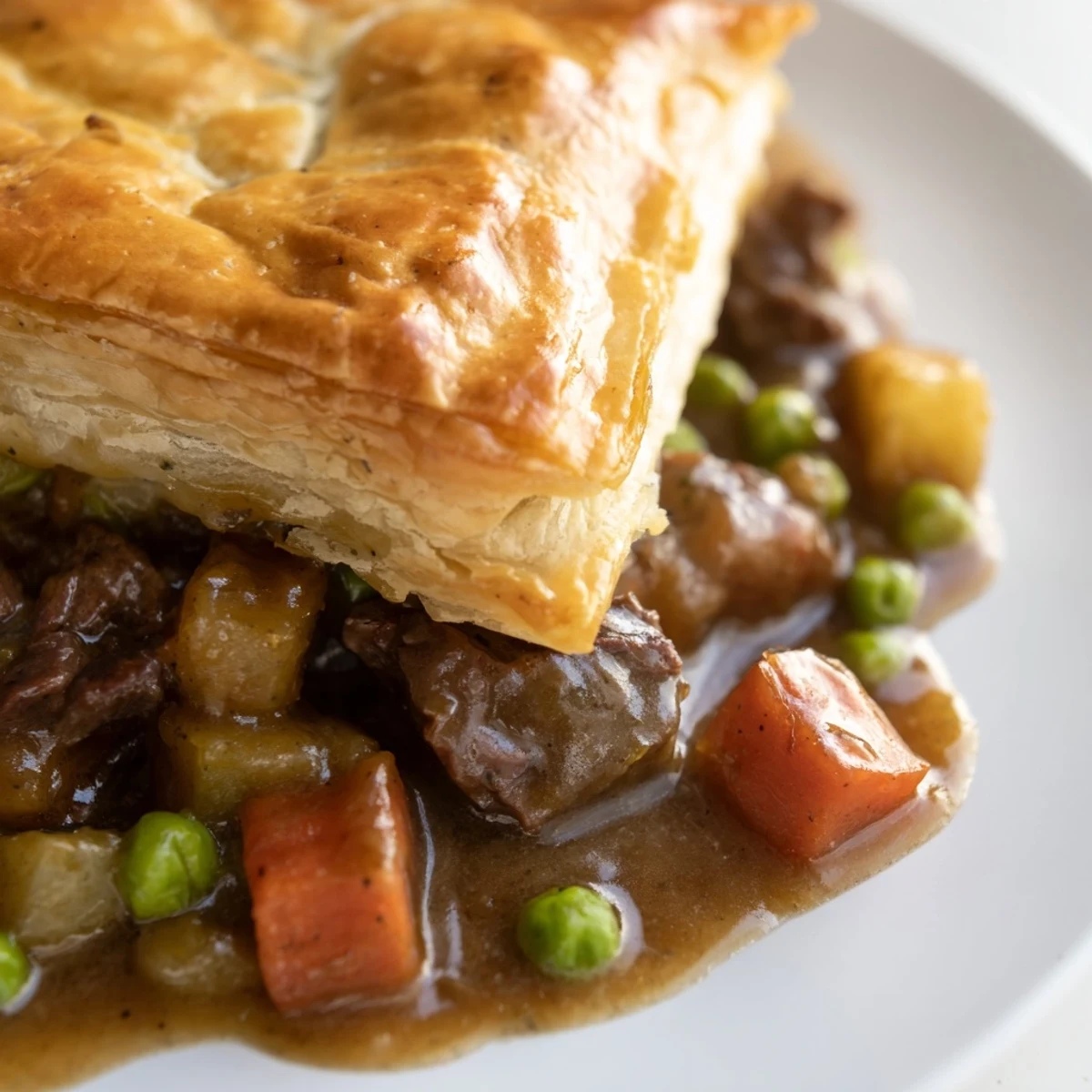 Baked Beef Pot Pie in a dish, golden crust glistening, served with fresh salad for a comforting American family meal.