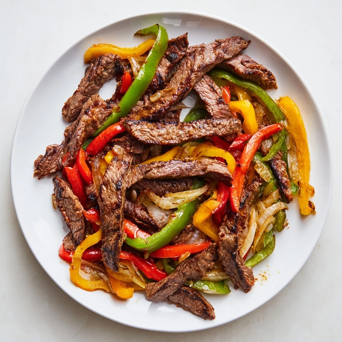 Tender strips of marinated flank steak and colorful sautéed bell peppers and onions served hot, ready to build into flavorful homemade fajitas.