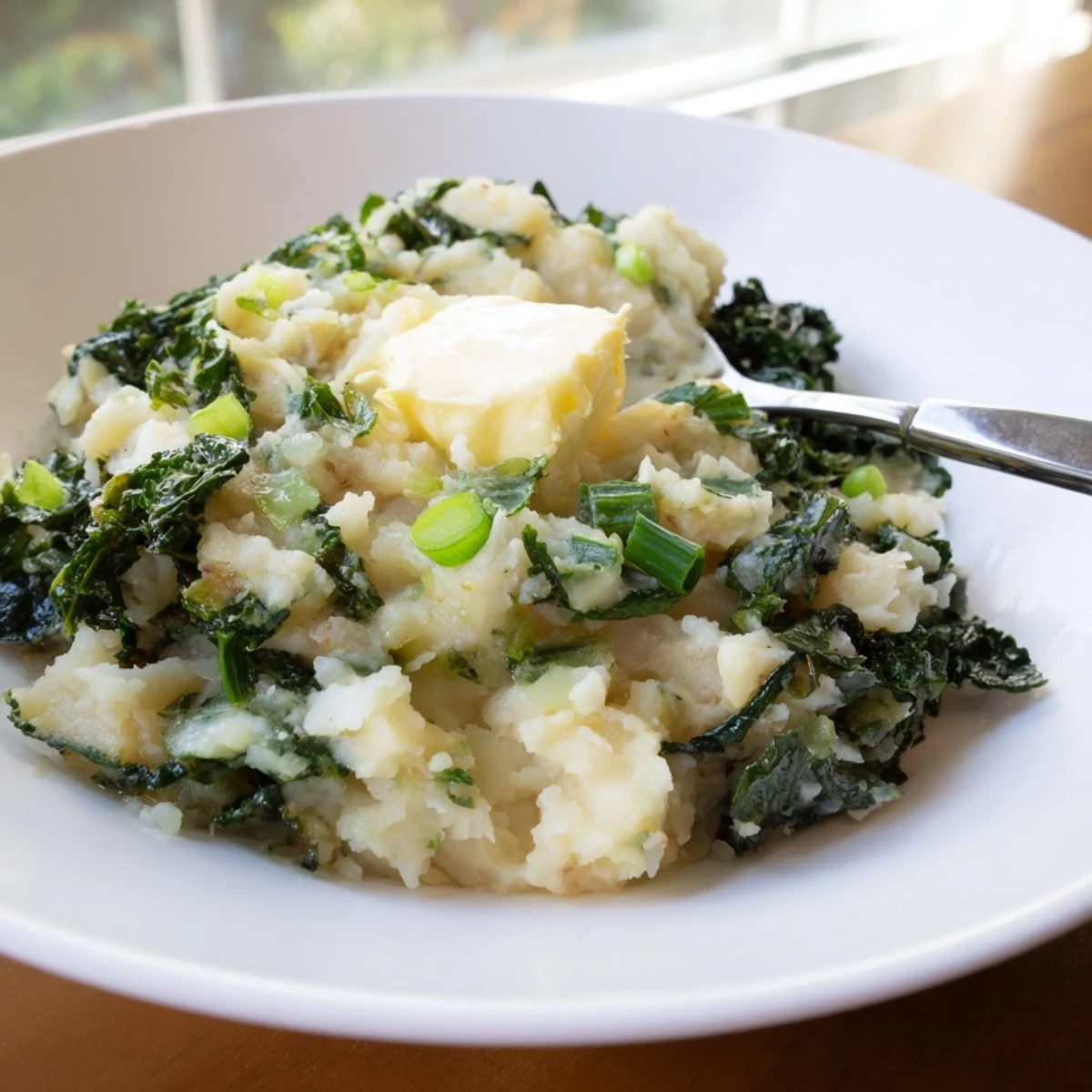 Creamy Irish Colcannon with kale and melted butter in a rustic ceramic bowl, topped with an extra pat of butter melting over the fluffy potatoes.