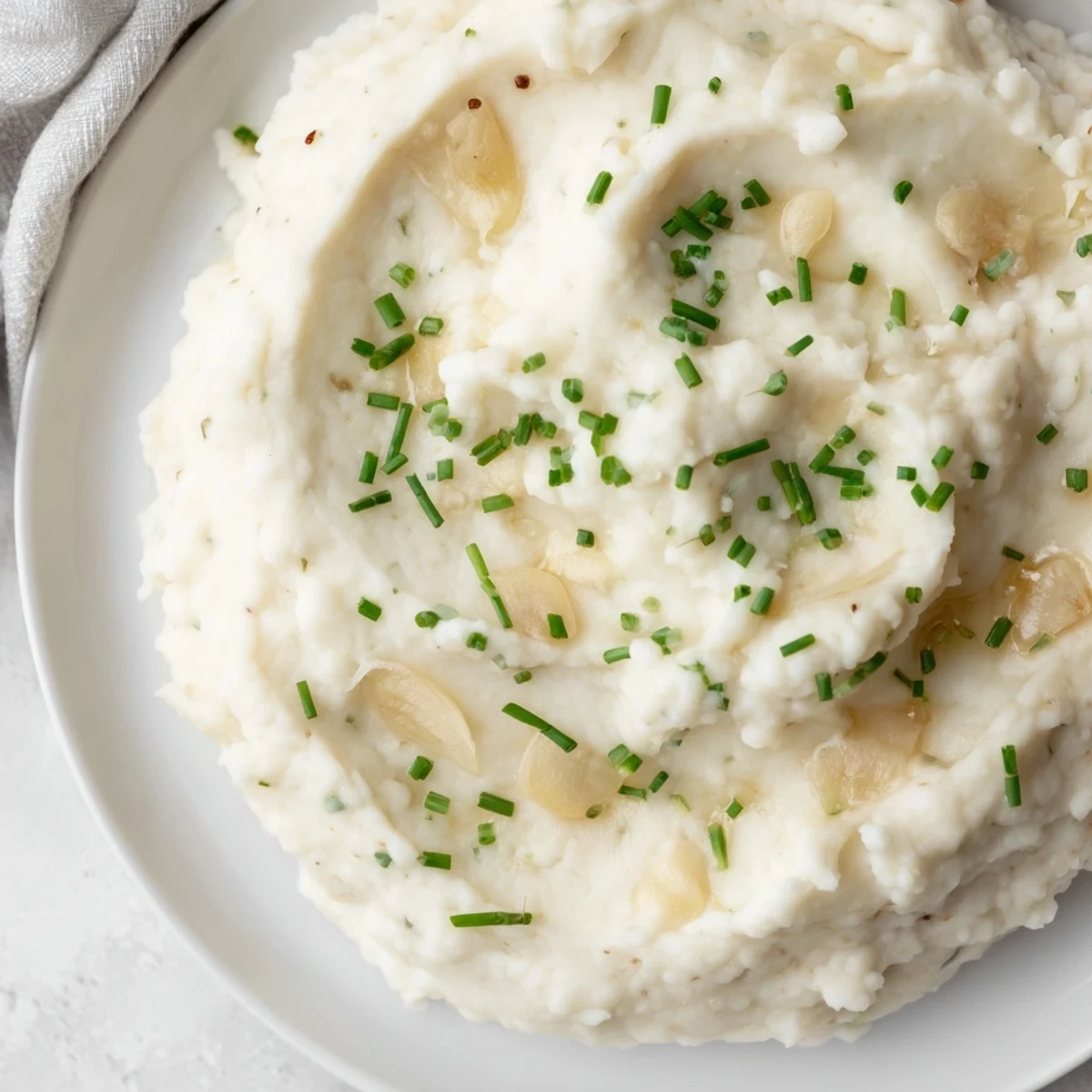 A bowl of creamy Roasted Garlic Mashed Cauliflower topped with fresh chives, served hot as a low-carb side dish.