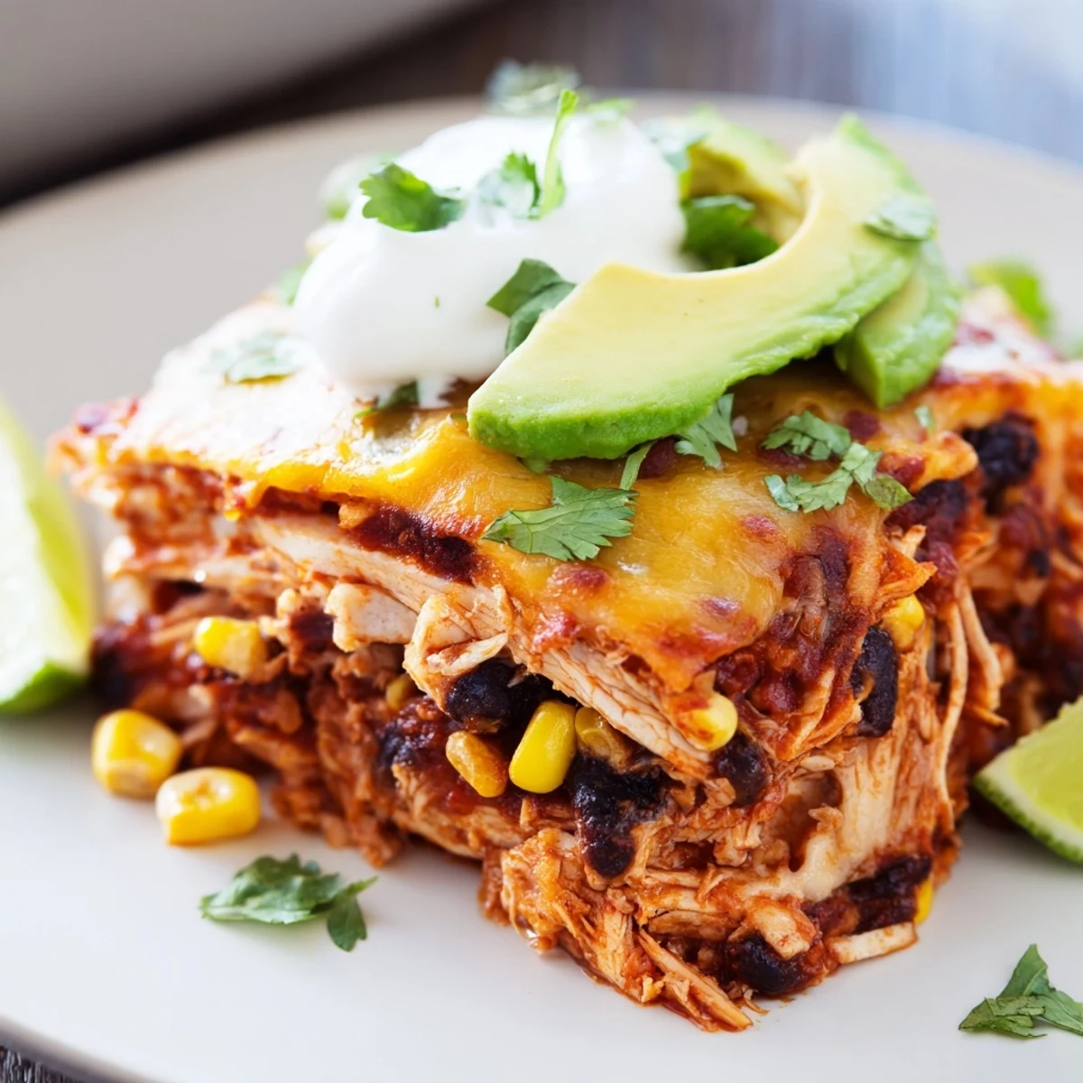 Bubbling Chicken Enchilada Casserole with Cheese layers soft corn tortillas, shredded chicken, and red sauce in a baking dish.