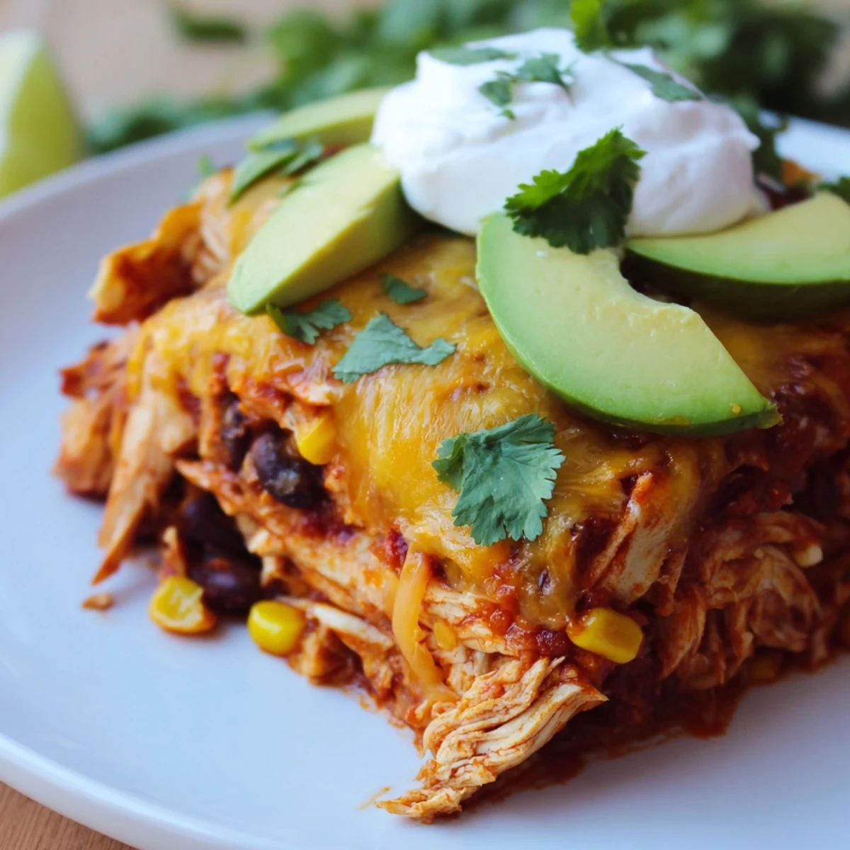 Slices of creamy avocado and fresh cilantro garnish the golden Chicken Enchilada Casserole with Cheese on a plate.