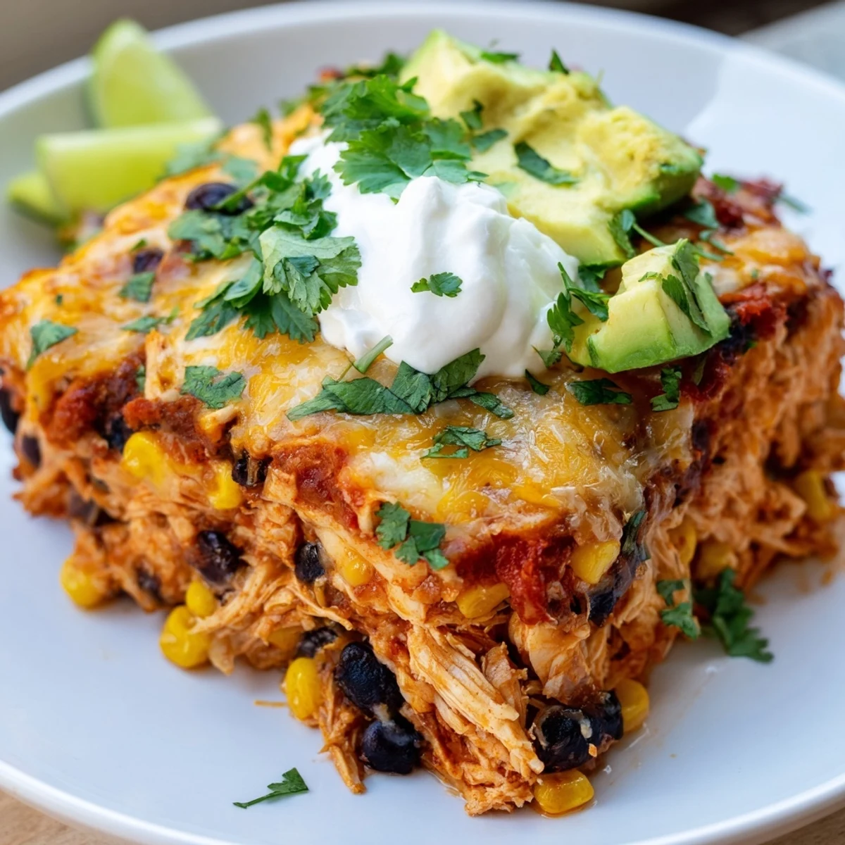 A family-style serving of Chicken Enchilada Casserole with Cheese shows melted Mexican blend cheese and black beans inside.