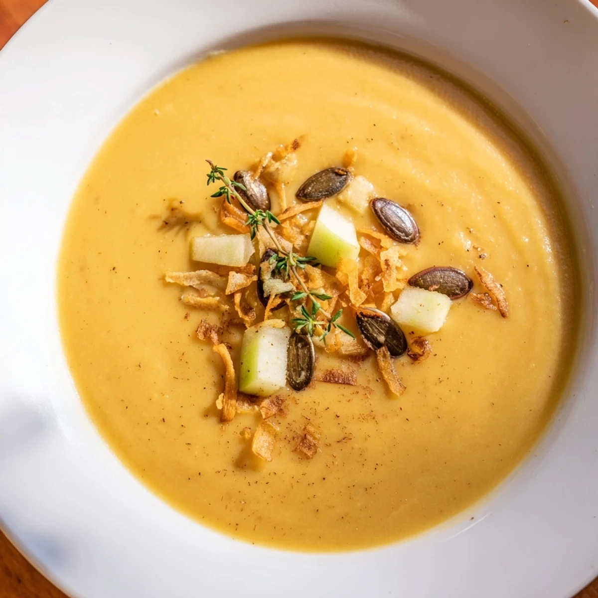 A warm bowl of Winter Squash Soup with Apple, topped with thyme and creamy swirls.