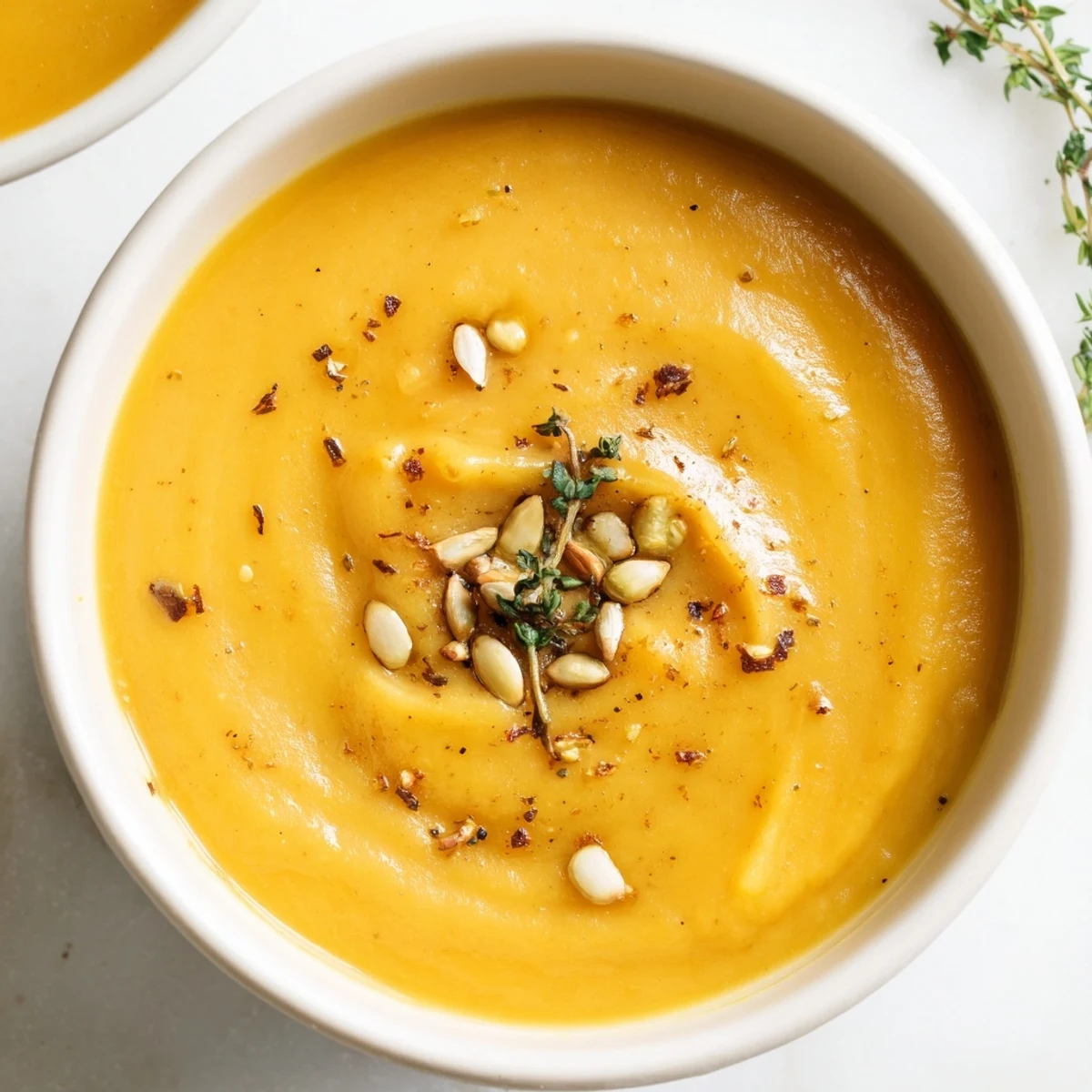Steaming Winter Squash Soup with Apple in a rustic bowl next to crusty gluten-free bread.