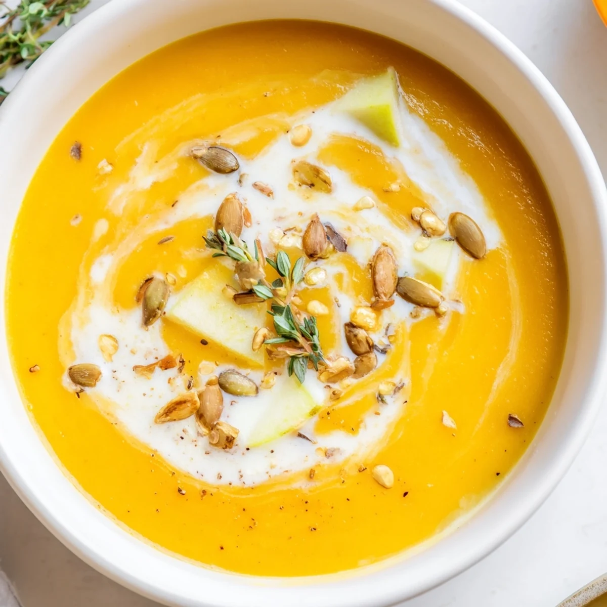 Creamy Winter Squash Soup with Apple garnished with pumpkin seeds, ready for a cozy dinner.
