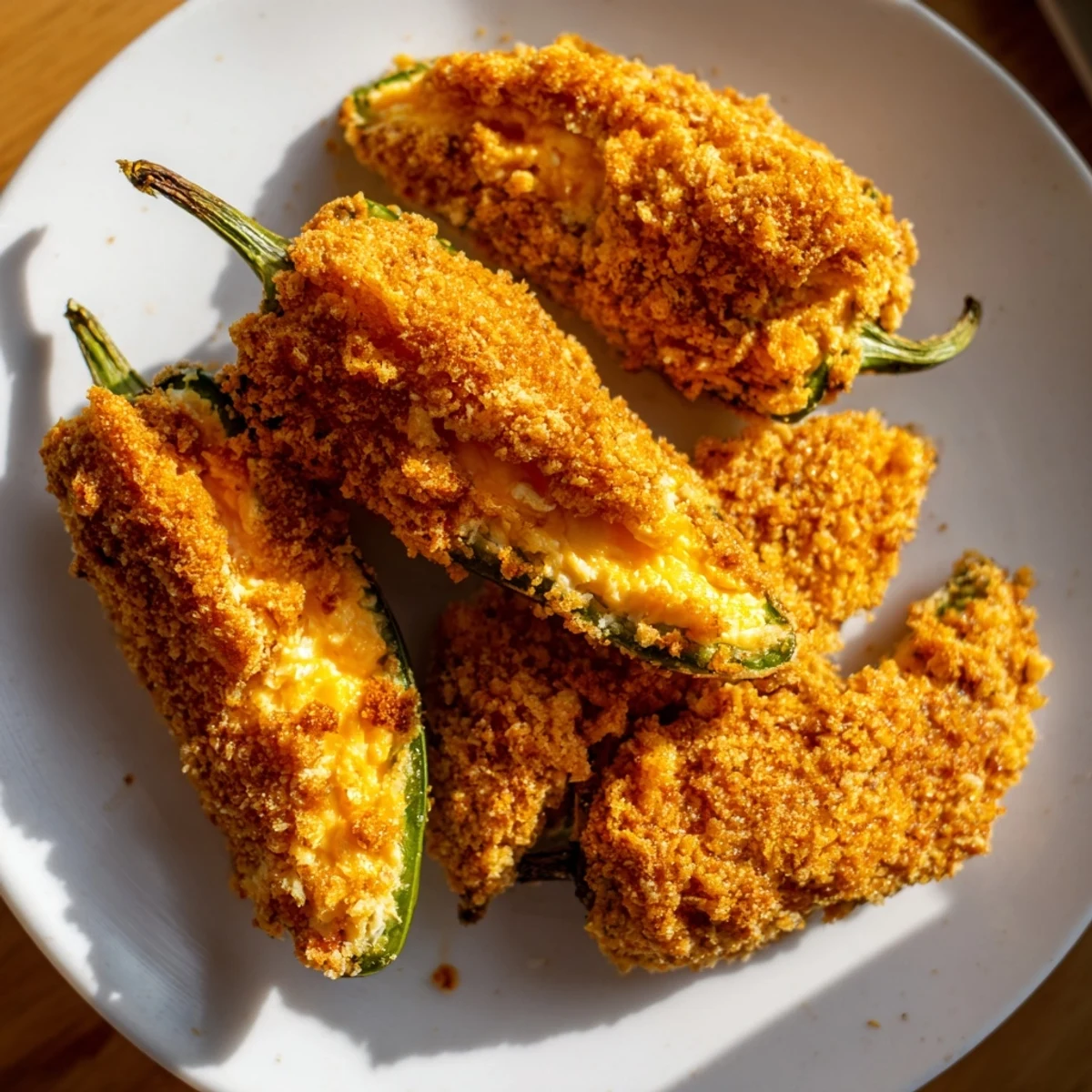 Golden, crispy Spicy Jalapeno Poppers with Cream Cheese sit beside a bowl of ranch dip on a rustic table.  