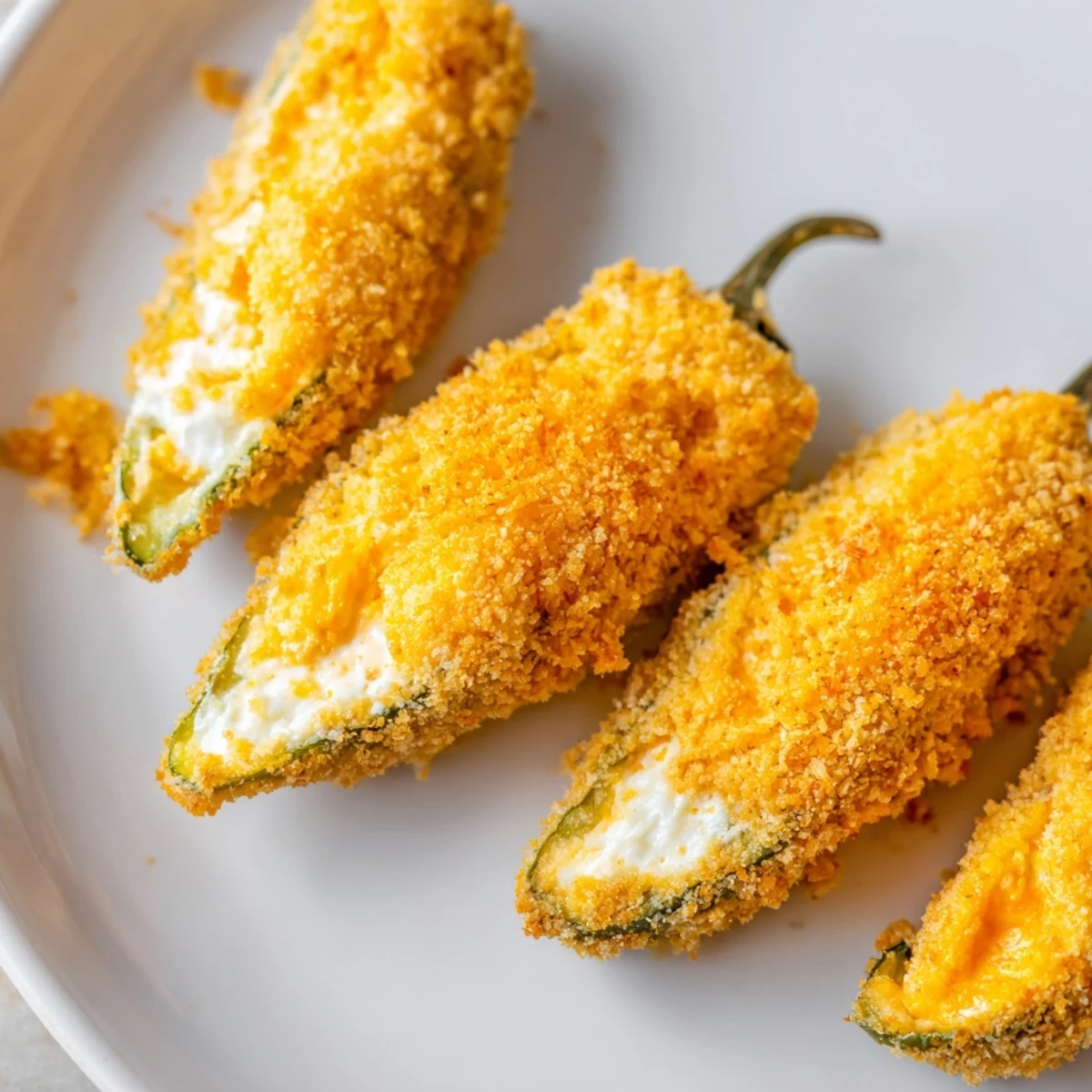 Four golden Spicy Jalapeno Poppers with Cream Cheese on a platter with pickled jalapeños and a napkin.  
