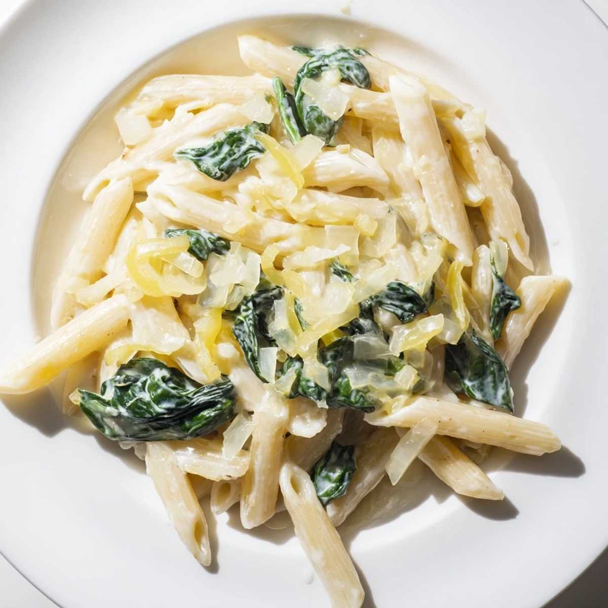 Creamy Spinach Pasta with Garlic featured in a white bowl, garnished with extra Parmesan and fresh herbs.