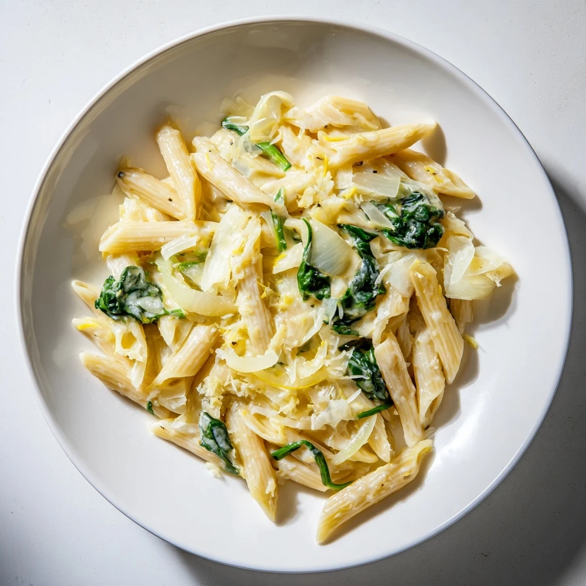 A close-up of Creamy Spinach Pasta with Garlic glistening with rich sauce and wilted greens.